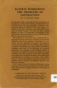 Railway Workshops: The Problems of Contraction (University of Cambridge, Department of Applied Science, Occasional Papers 2)