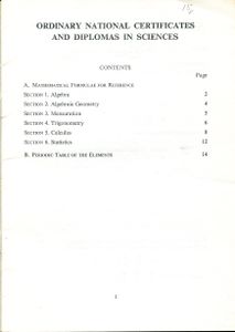 Mathematical Formulae for Reference (Ordinary National Certificates and Diplomas in Sciences)