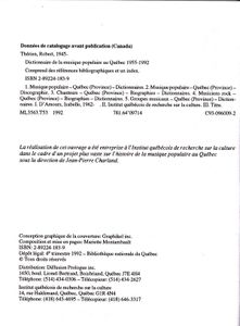 Dictionnaire Musique Populaire Au Québec, 1955-1992