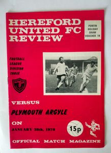 Hereford United FC Review. Official Match Magazine. Football League Division Three. Versus Plymouth Argyle On January 28th 1978
