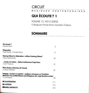 Circuit Musiques Contemporaines - Qui Écoute ? 1 - Volume 13 Numéro 2