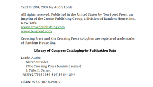 Sister Outsider: Essays and Speeches