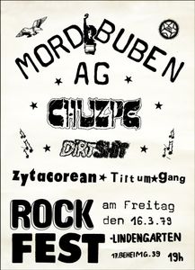 Mordbuben AG, Chuzpe, Dirt Shit, Zytacorean Tirtum Gang - Rock Fest Lindengarten (Wien) - March 16, 1979 (Gig Poster)