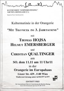 Christian Qualtinger, Thomas Hojsa, Helmut Emersberger - Mit Travnicek ins 3. Jahrtausend - Orangerie im Europahaus - Nov 11, 2001, 11:11 (Gig Poster)